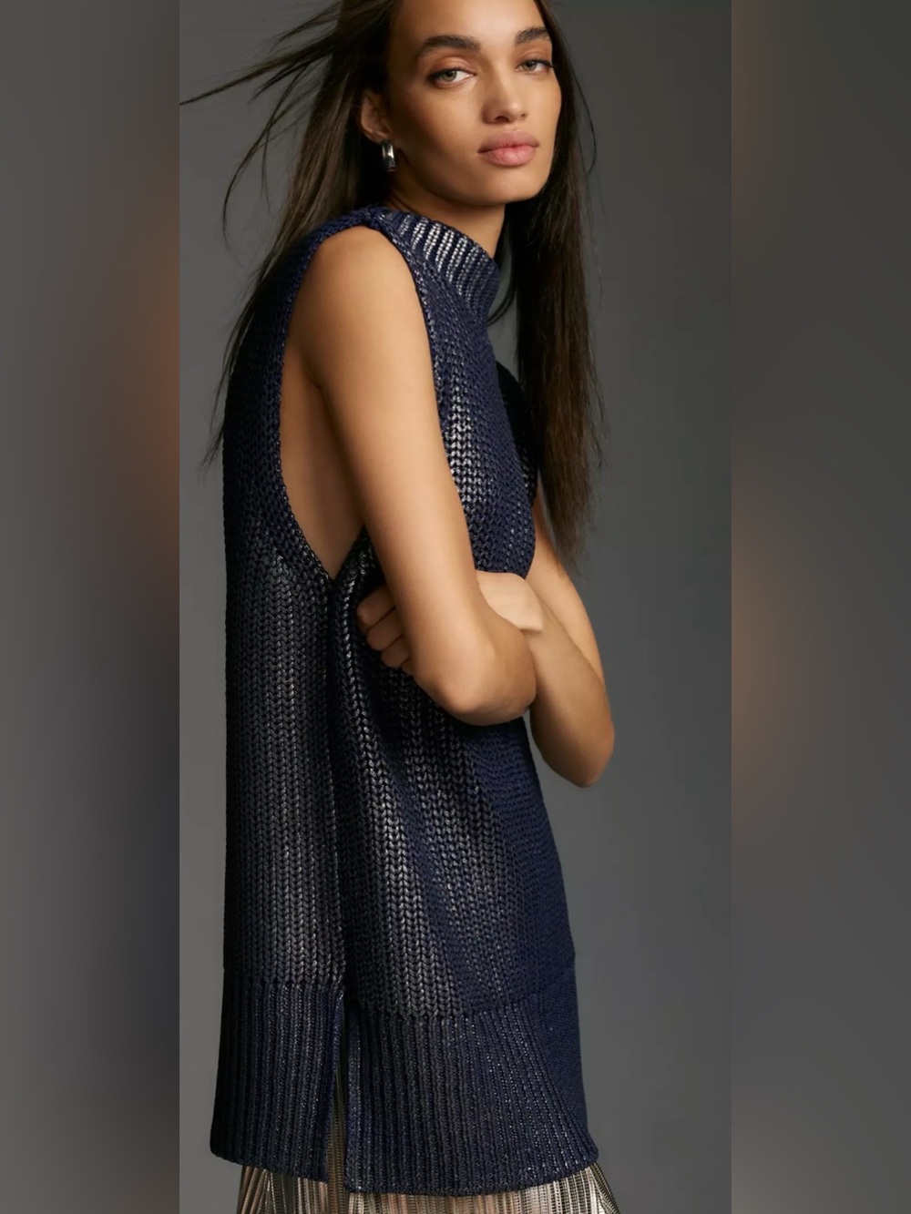 Pilcro Oversized Foil Sweater Vest Size L Blue & Silver Statement Anthropologie - Picture 3 of 14